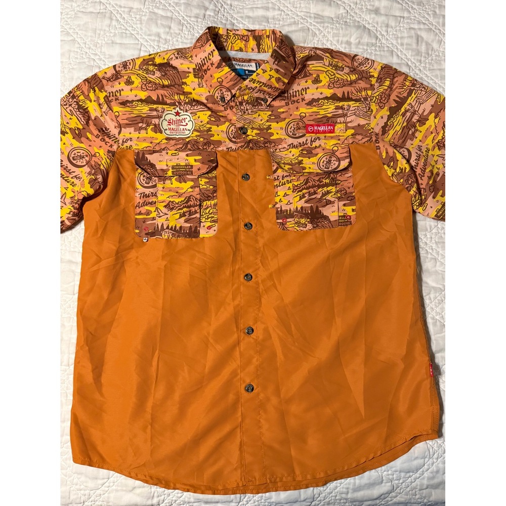 Magellan Fish Gear Shirt Mens M Orange Shiner Bock Thirst for Adventure Fishing